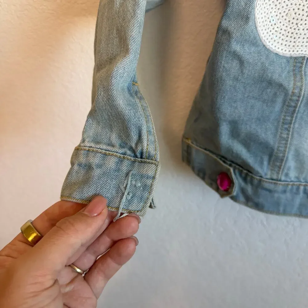 Lola + The Boys Girl's Somewhere Over The Rainbow Sequin Denim Jacket Blue 4